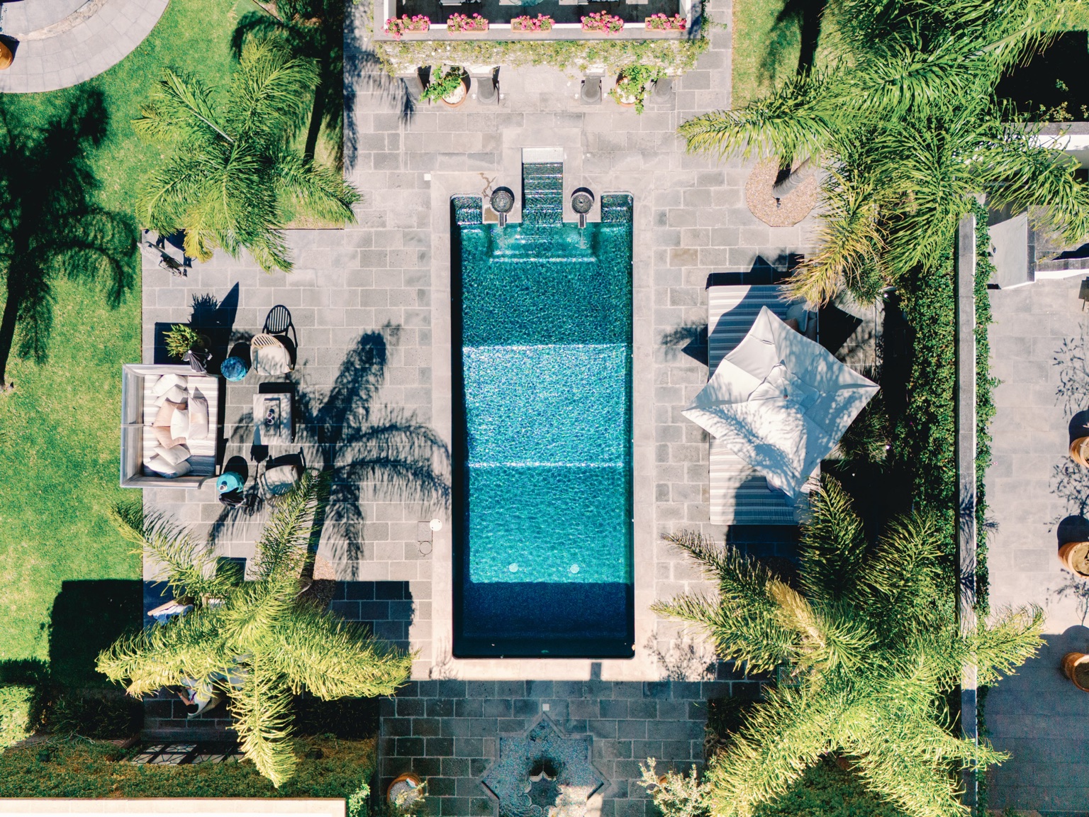 An overhead view of the pool and terraces at Hacienda Santa Ana