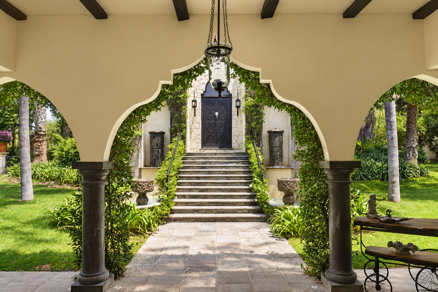 Symmetrical arched courtyard framing the stone steps and carved entrance at Hacienda Santa Ana